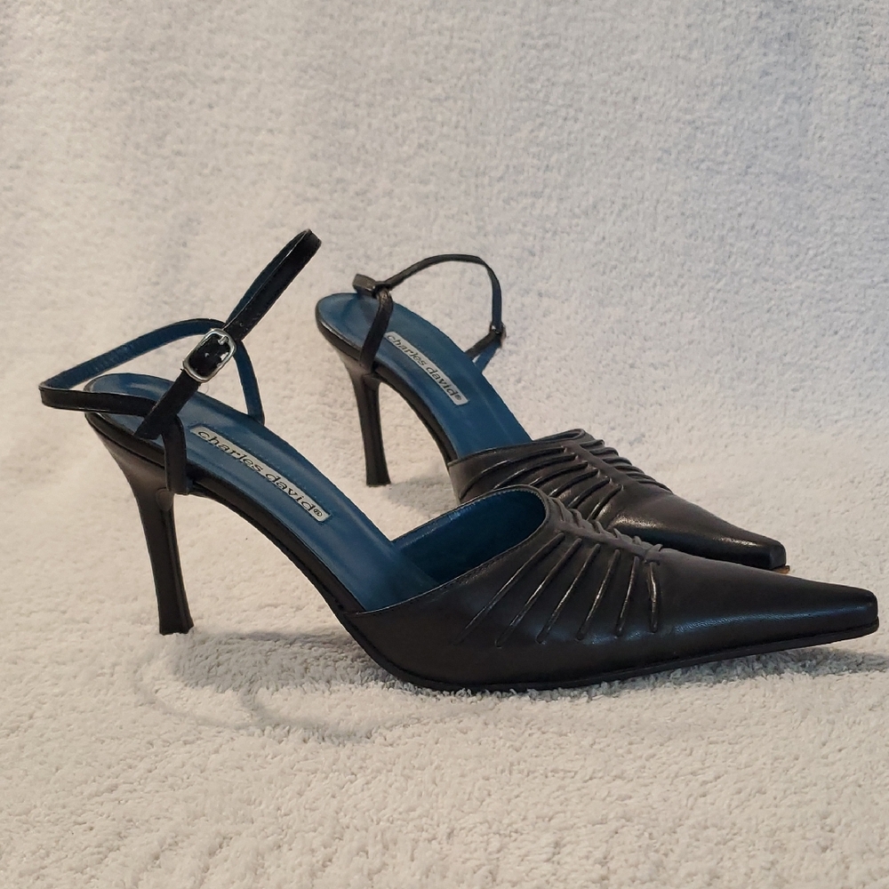 | Charles David | Black Genuine Leather Slingback Pointed Toe Heels Sz 8.5 (903)